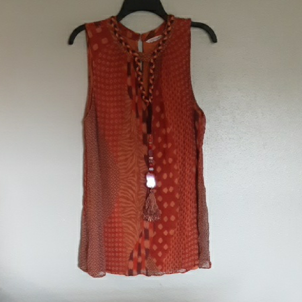 Soft Surroundings Sleeveless Red Patterned Blouse Boho With Embellishments
